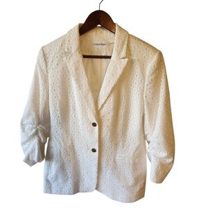 Calvin Klein White Lace Overlay Blazer Jacket Ruched Sleeve Gold Button Feminine